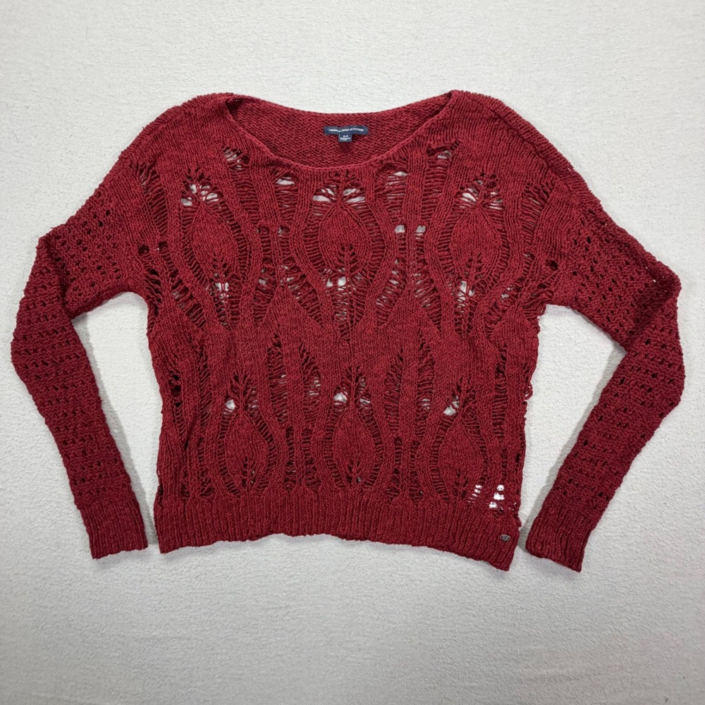 American Eagle Women Sweater Relaxed Burgundy Open Knit Pointelle Small
